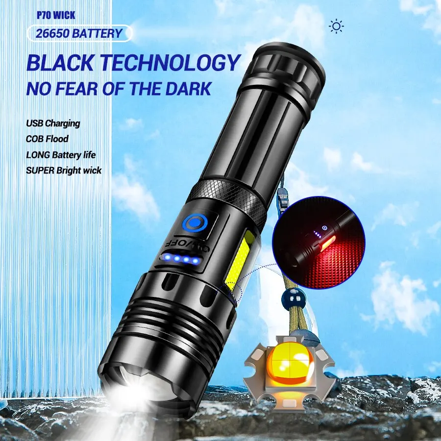 Super Bright XHP70 Powerful Led Flashlight Power Bank Torch Light USB Rechargeable Camping
