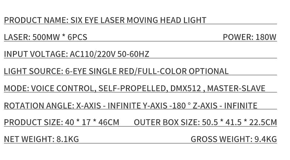 RGB 6 Eyes RGB Stage Laser Moving Head Light Infinite Rotation Bar Laser Light P