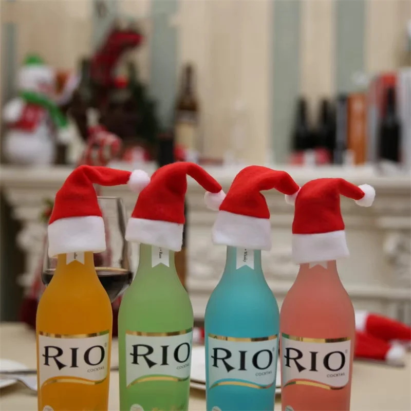 Christmas Decoration 12cm Christmas Hat Knife And Fork Cover Champagne Wine Bottle Cover Pulley Cloth Hat Cutlery Set