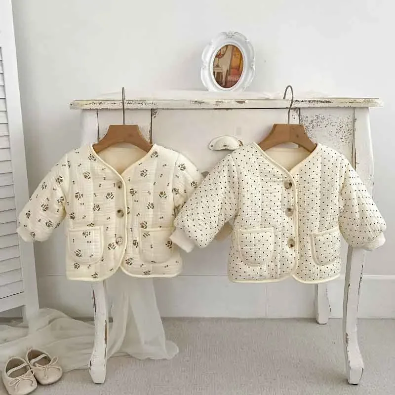 INS Winter Baby Girl Snow Wear 0-3Years Newborn Princess Long Sleeve Flower Fleece Thicken Warm Down Coat Outerwear Dot Clothes