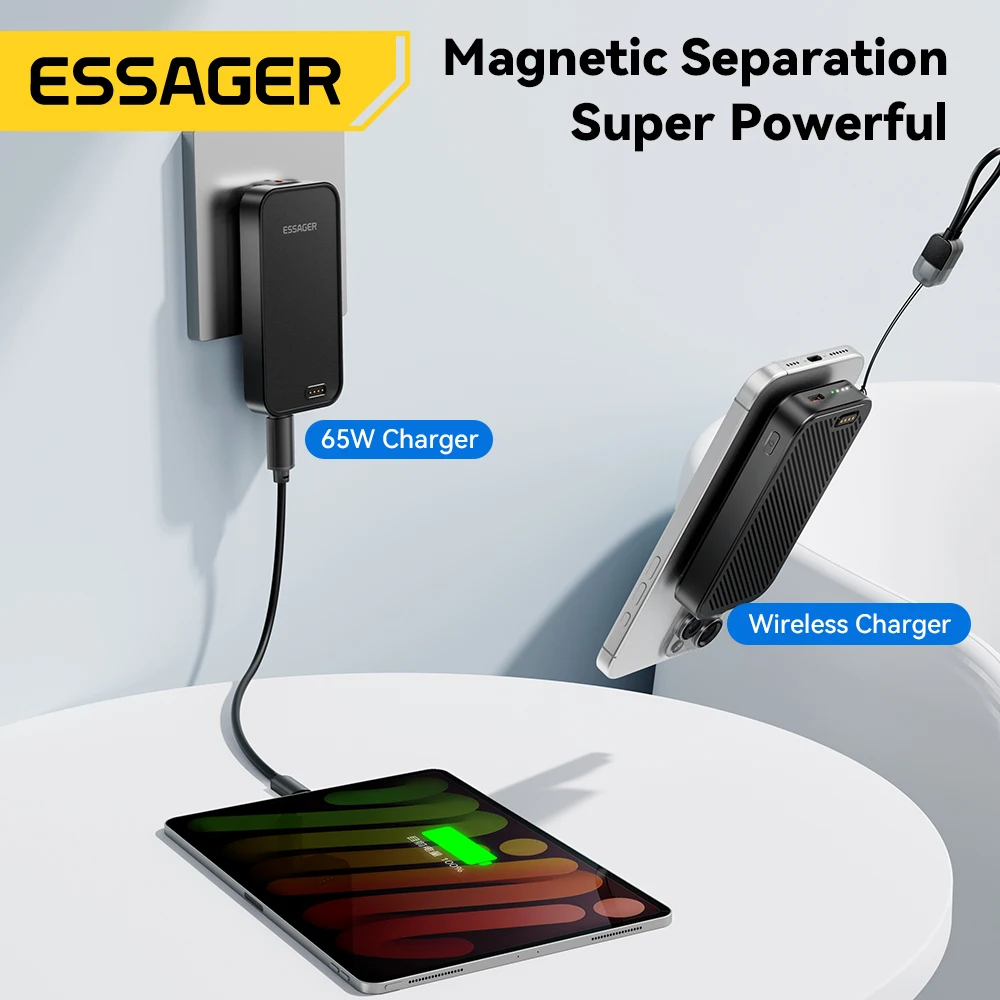 【NEW】ESSAGER 3-in-1 Magnetic 65W GaN Charger Wireless 5000mAh Power Bank With Cable For iPhone17 16 15 Samsung MacBook Travel