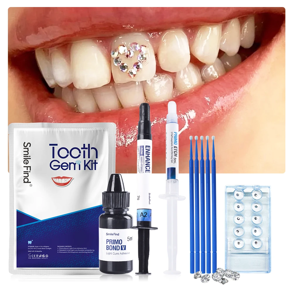 Tooth Gem Kit with Curing Light Glue Diy Crystal Jewelry Teeth Decorations  Etching Adhesive Bonding Dental Orthodontics Supplies