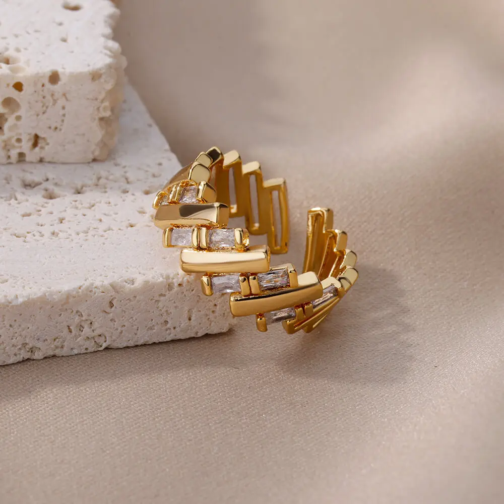 Zircon Bar Rings Gold Plated Stainless Steel Opening Ring For Women