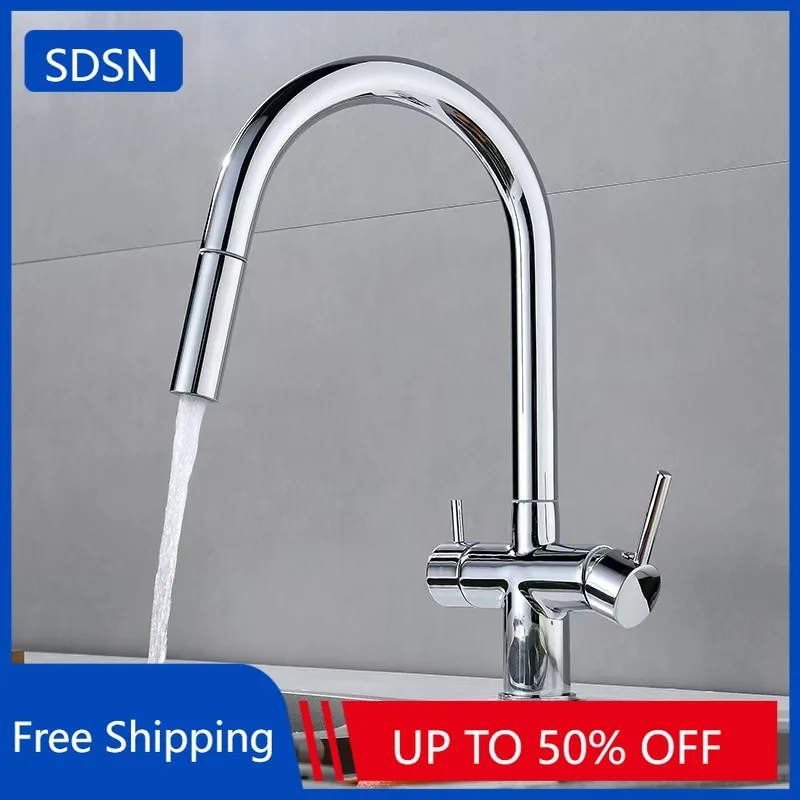 Pure Water Pull Out Filter Kitchen Sink Faucet with Pull Down Hot Cold Kitchen Sink Mixer Tap Brass Pull Down Kitchen Faucet