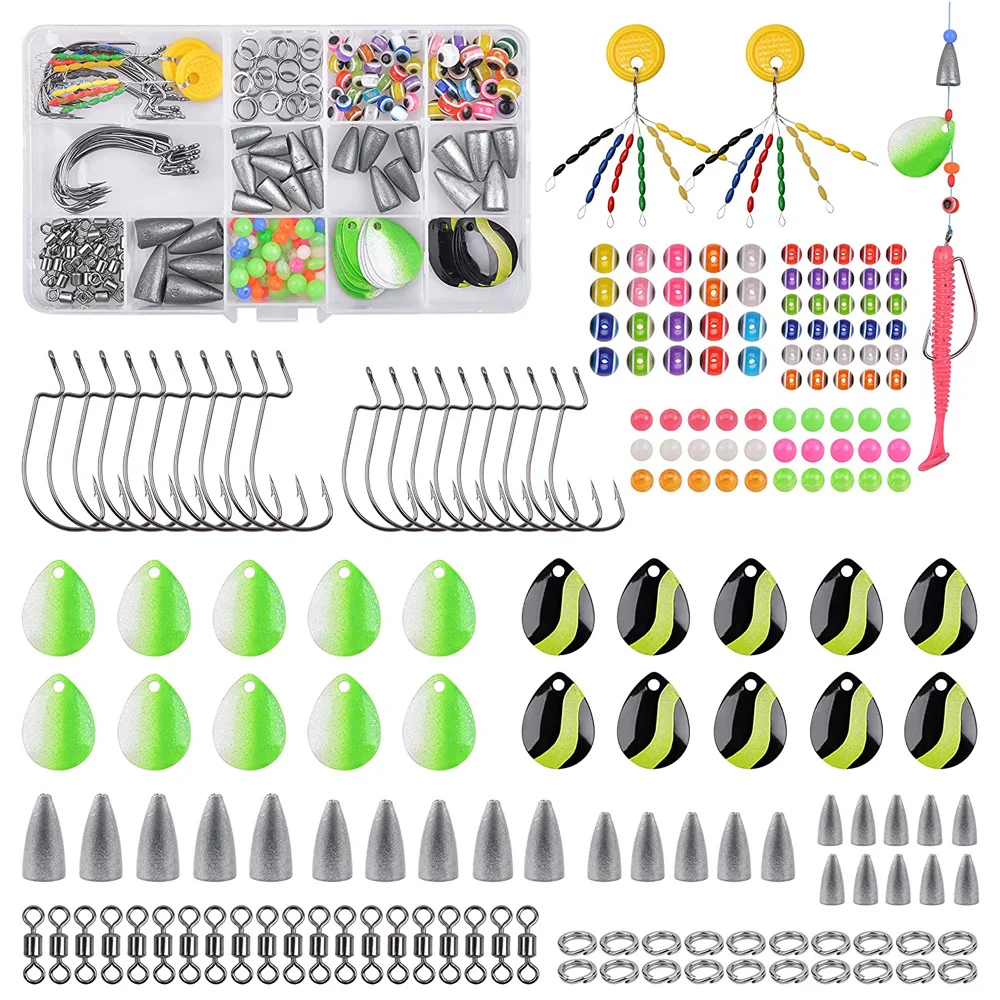 

187PCS Texas Rig Lure Fishing Accessories Set Including Bullet Sinker Weights Offset Hooks Spoon Blades Bass fishing tackle Kit