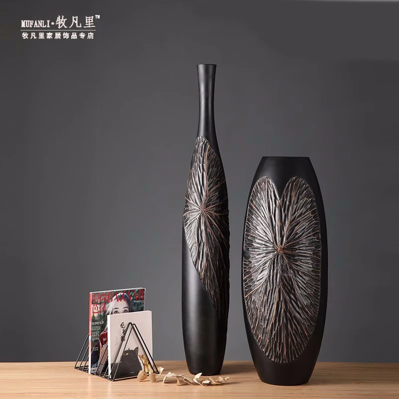 

Classical Art Resin Black Large Floor Flowers Vases, Home Decor Crafts, Vintage Living Room Vases, Luxury Sculpture