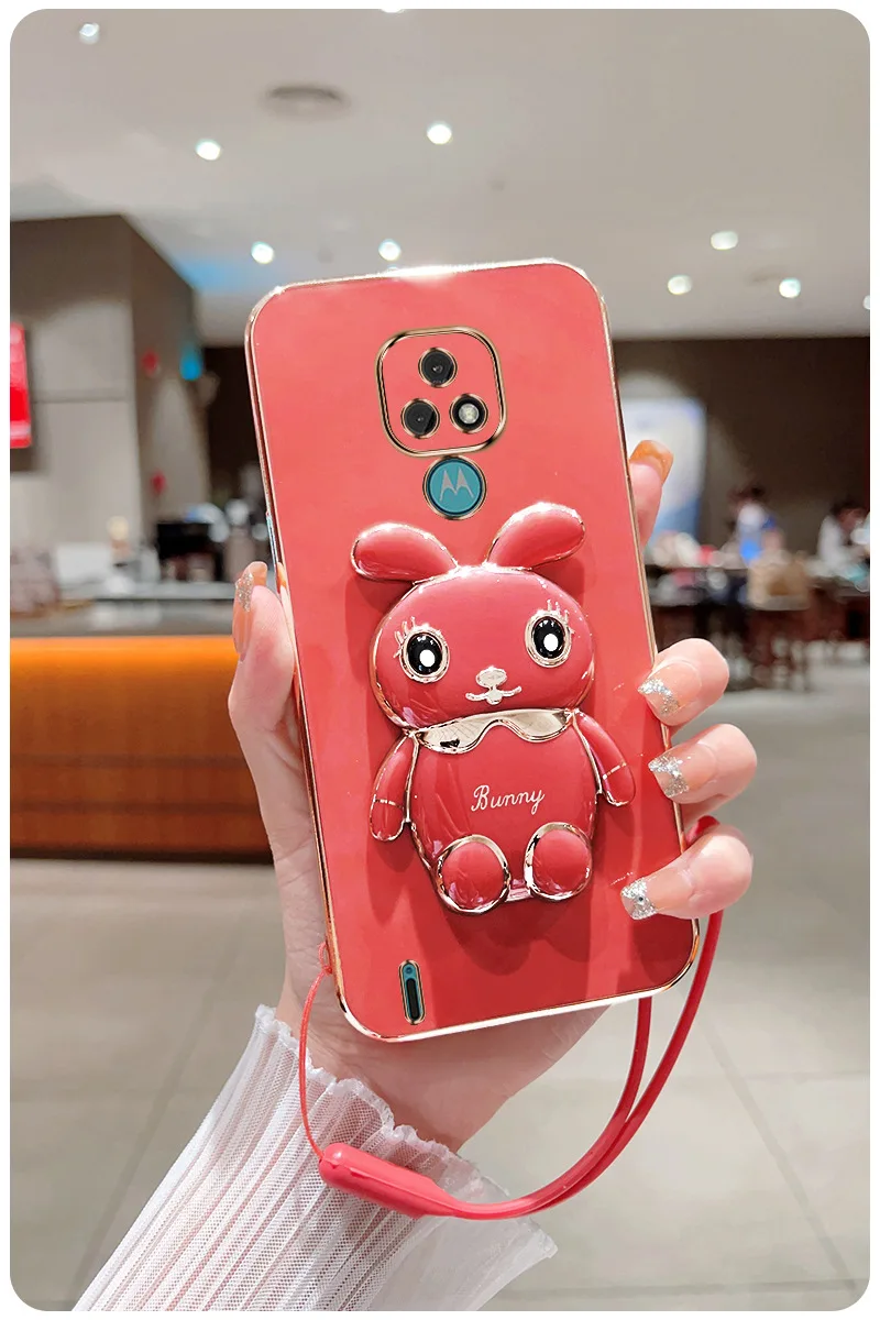 3D Rabbit Astronaut CaseFor Motorola Moto G53 E7 G8 Power G9 Play G50 G20 G30 G60 G82 E20 Edge 20 Folded Bracket Plating_voghion.com