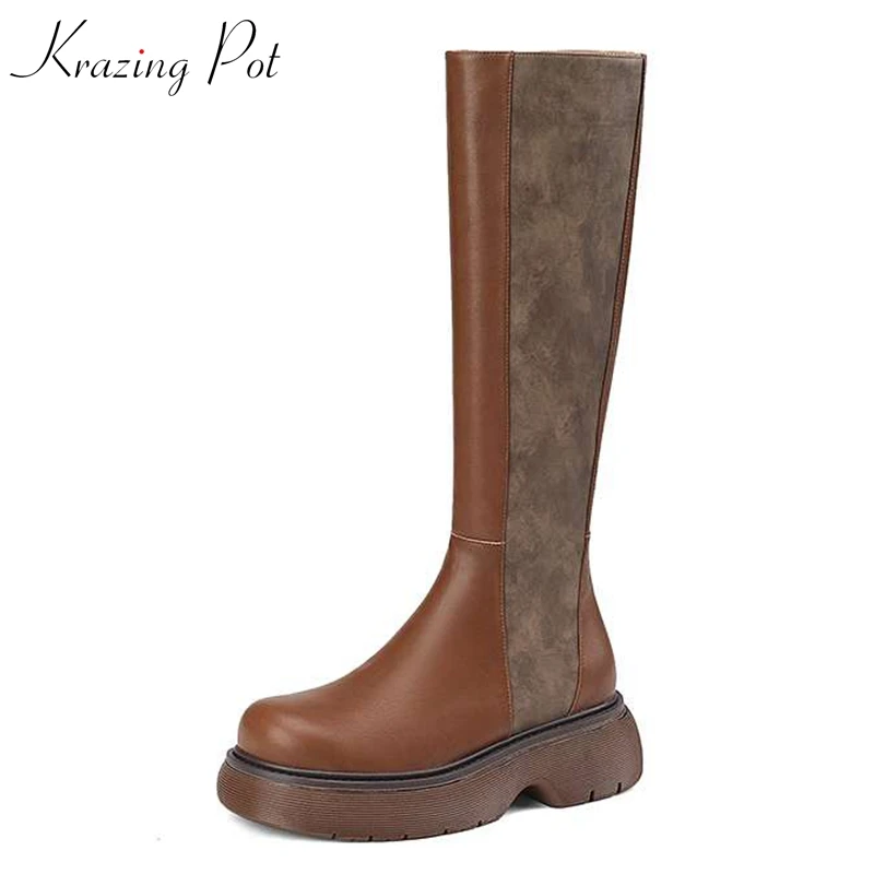 

Krazing Pot Cow Leather Flock Riding Boots Mixed Color Thick High Heels Round Toe Zip Patch Work Winter Elegant Thigh High Boots