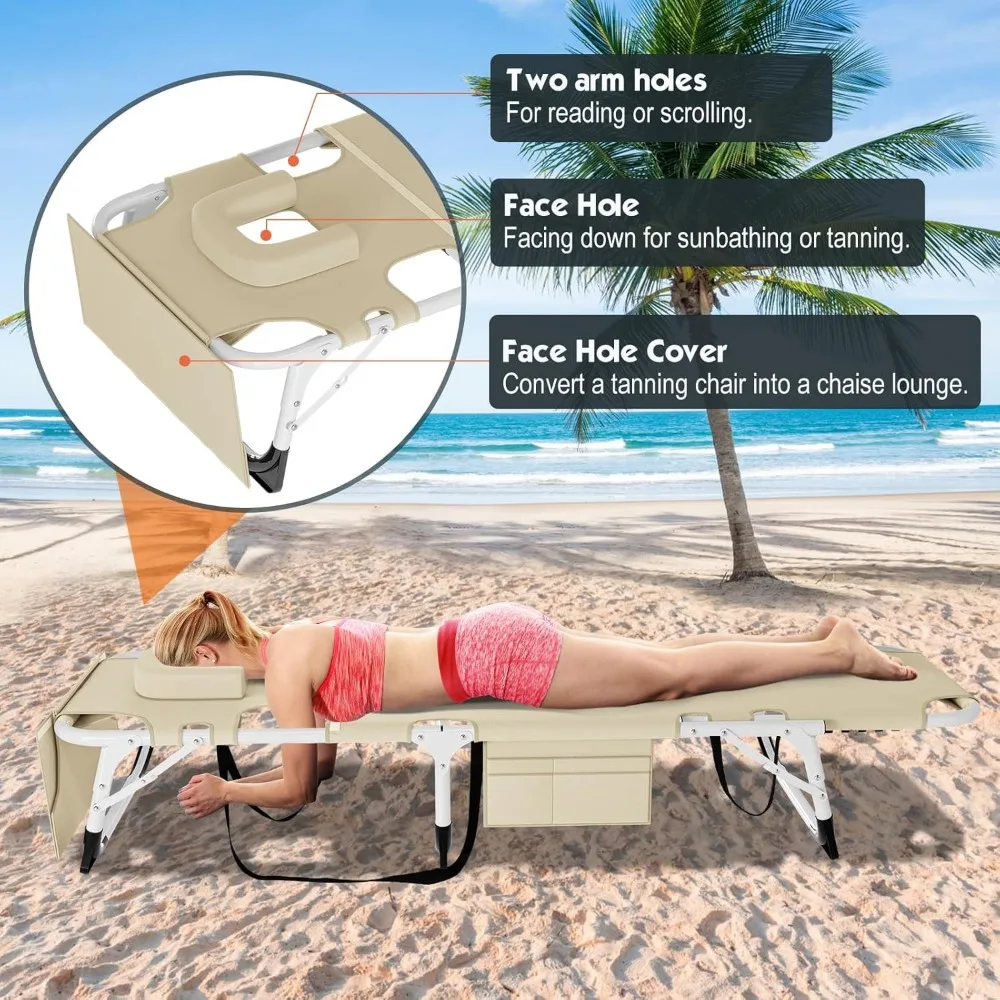 Tanning Lounge Chair 5-Position, Outdoor Sunbathing Chairs Folding Chaise Lounge, Sun Tanning Lounger with Face Hole, Perfect f 6
