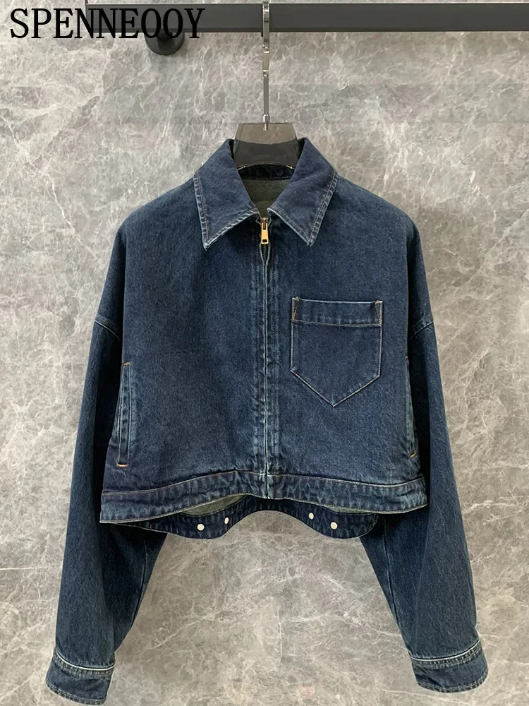 

Fashion Runway Spring Summer Dark Blue Cowboy Jacket Women's Turn-down Collar Button Long Sleeve Short Style Jacket