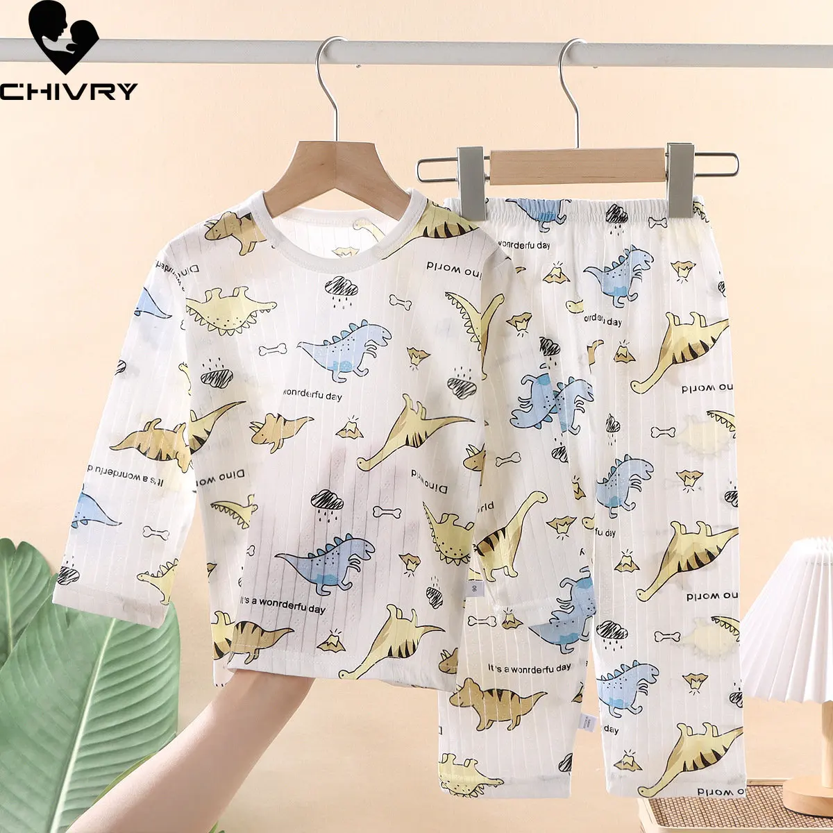 

Kids Summer Thin Pajamas Sets New 2023 Boys Girls Cute Cartoon Print Long Sleeve O-neck T-shirt Tops with Pants Baby Homewear