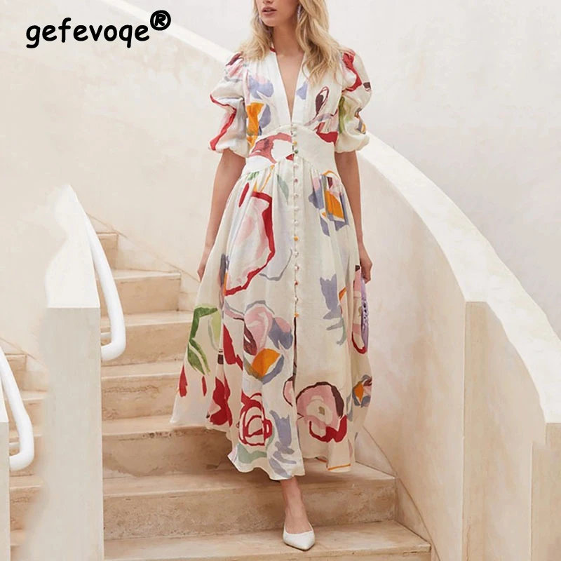 

Fashion Print Sexy Deep V Neck Elegant Party Dresses for Women High Waist Single Breasted Short Sleeve Beach Maxi Dress Vestidos