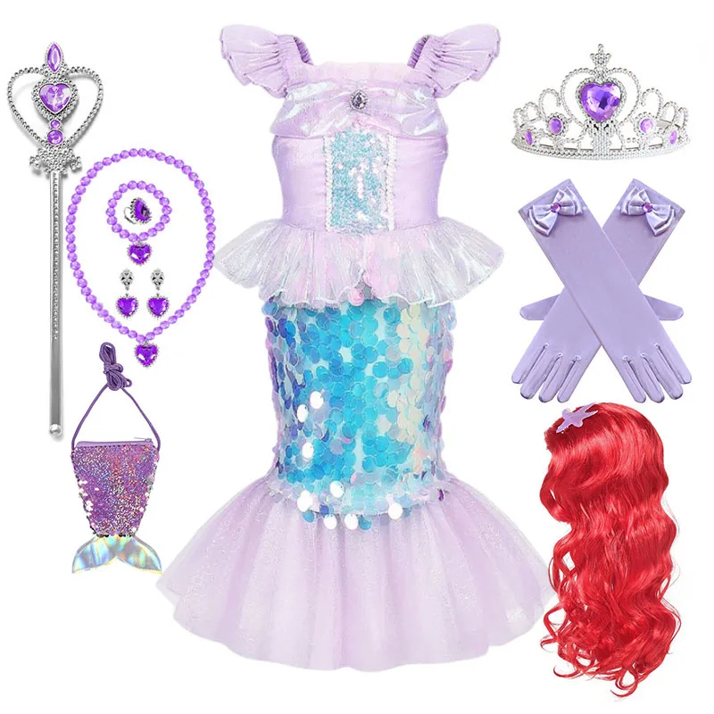 thumbnail image 1 of Vestido de princesa Ariel de La Sirenita de Disney para niñas, disfraz de lentejuelas, disfraz para niños, disfraz para Halloween, carnaval, fiesta de cumpleaños, ropa de 2 a 10 años, 1 of 5