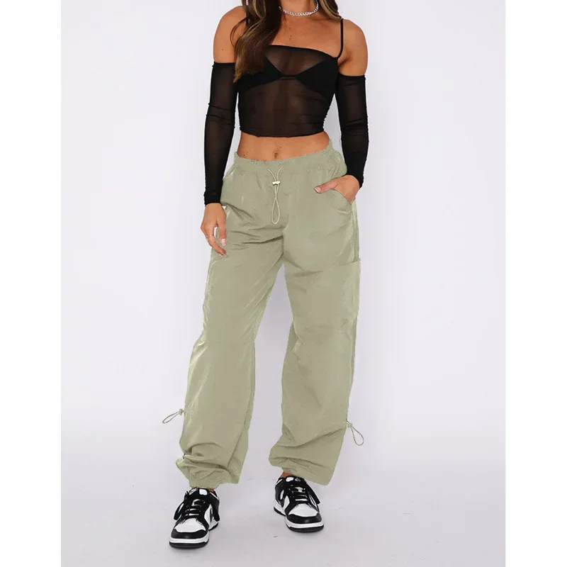 

KEXU Women Fashion Drawstring Waist Pocket Front Safari Style Straight Pants 2023 New Casual Summer Street Cargo Trousers