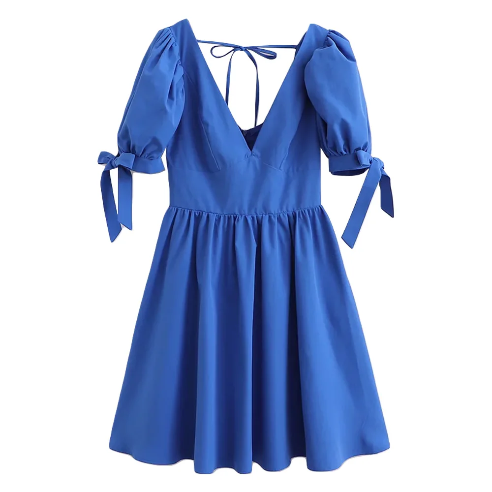 Francesa com Mini Traseira com Zíper Mulheres Moda Vestido Plissado Amarrado Vintage Lanterna Manga Vestidos Femininos Mujer 2022 za 2 Computers & Electronics