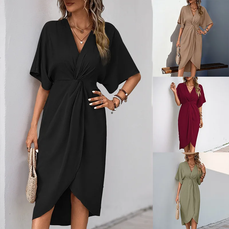 Solid Color Casual A-Line Midi Dress for Women 2025