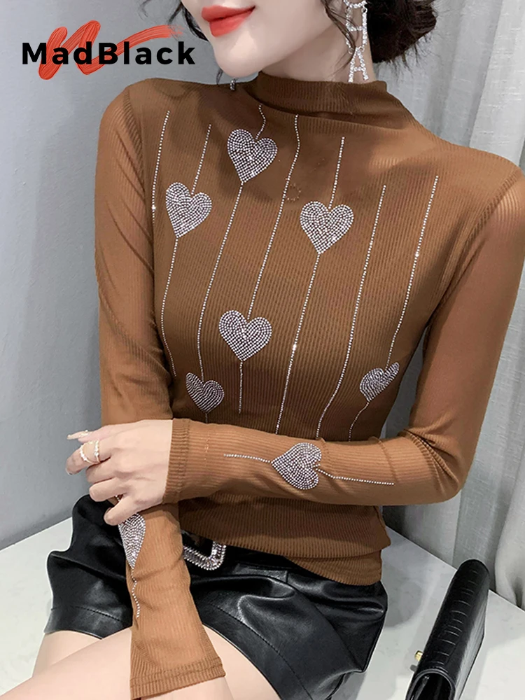 

MadBlack Autumn European Clothes Tshirts Female Sexy Turtleneck Shiny Diamonds Heart Slim Mesh Tops Long Sleeve Tees T36323JC