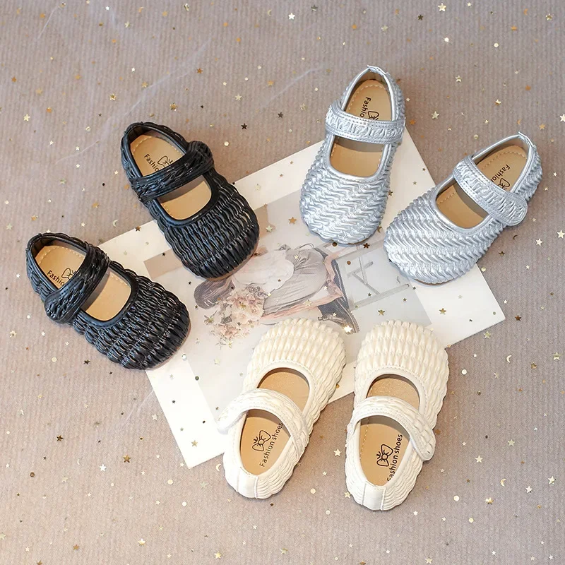 Fashion Design Girls Oxfords Spring Autumn Kids Soft PU Leather Shoes For Girl Princess Flats Mary Jane Shoes Silver, Black 2