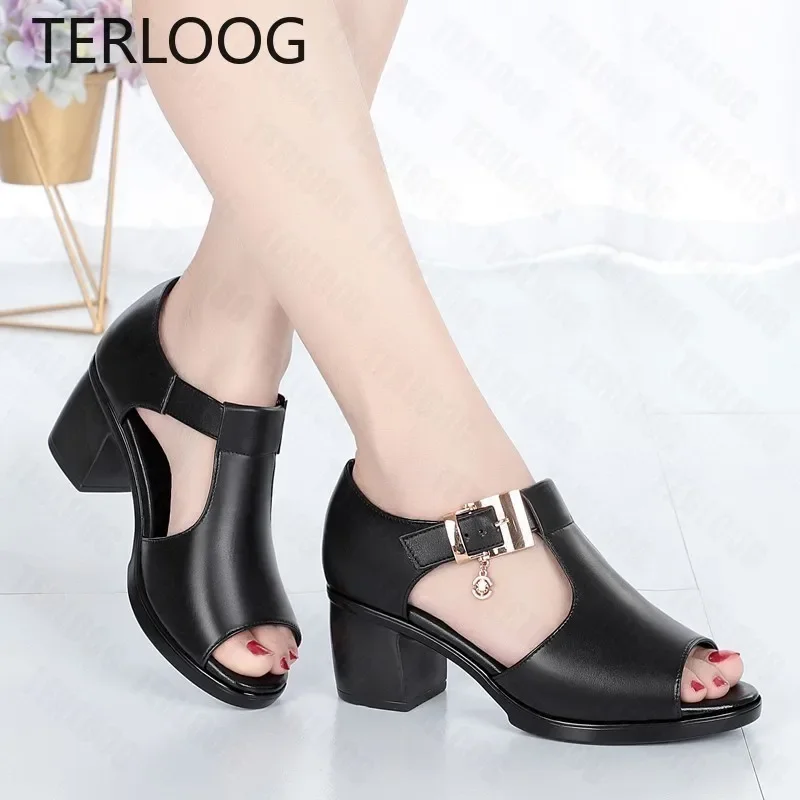 Women Sandals Summer New Med Heels Peep Toe Shoes Slippers Fashion Desiger Pu Leather Casual Sexy Wedding Pumps Shoe Woman