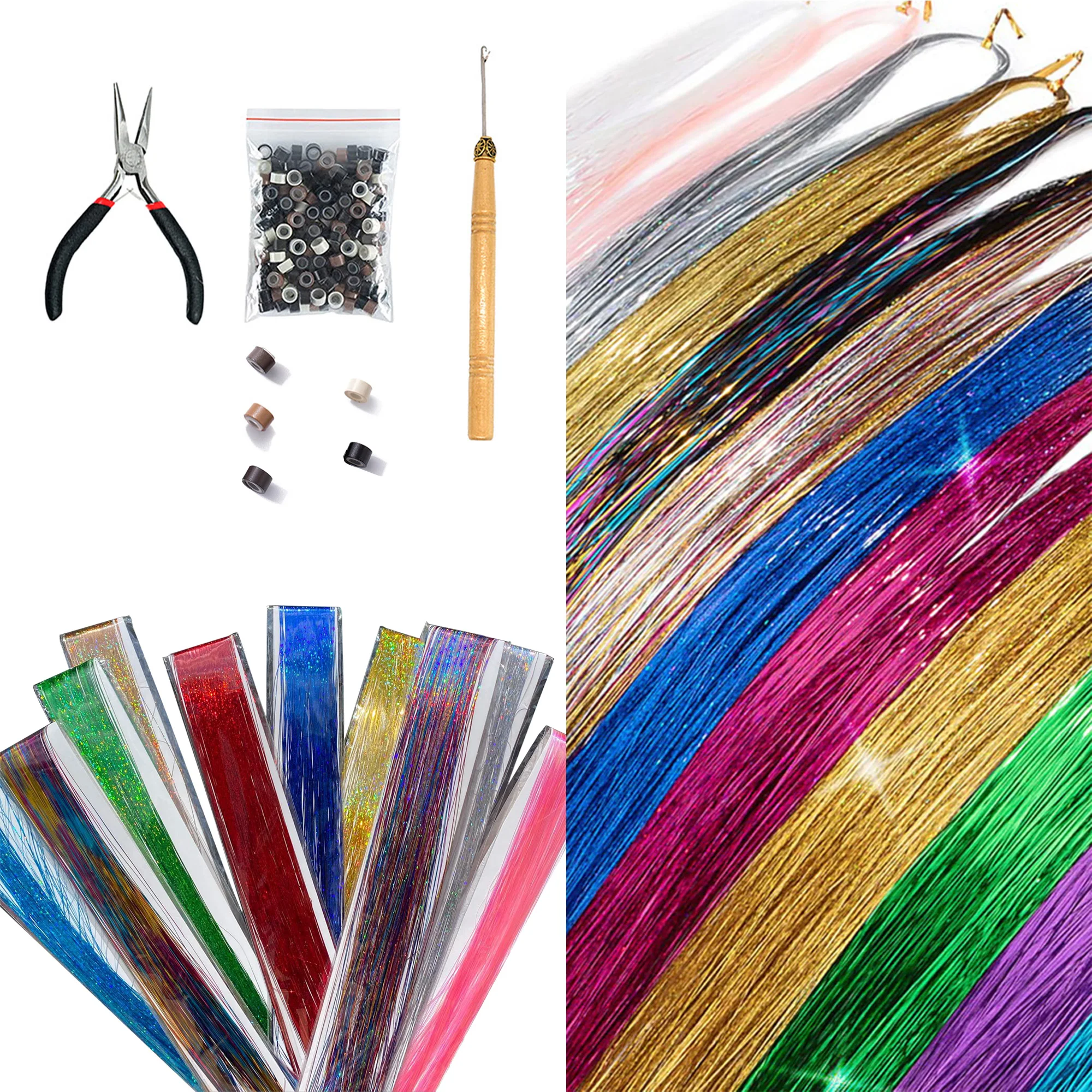 Extensiones de cabello de seda brillante para mujer, oropel de arcoíris, boquillas Hippie para trenzar tocado, 100cm de largo, 120 hebras por bolsa