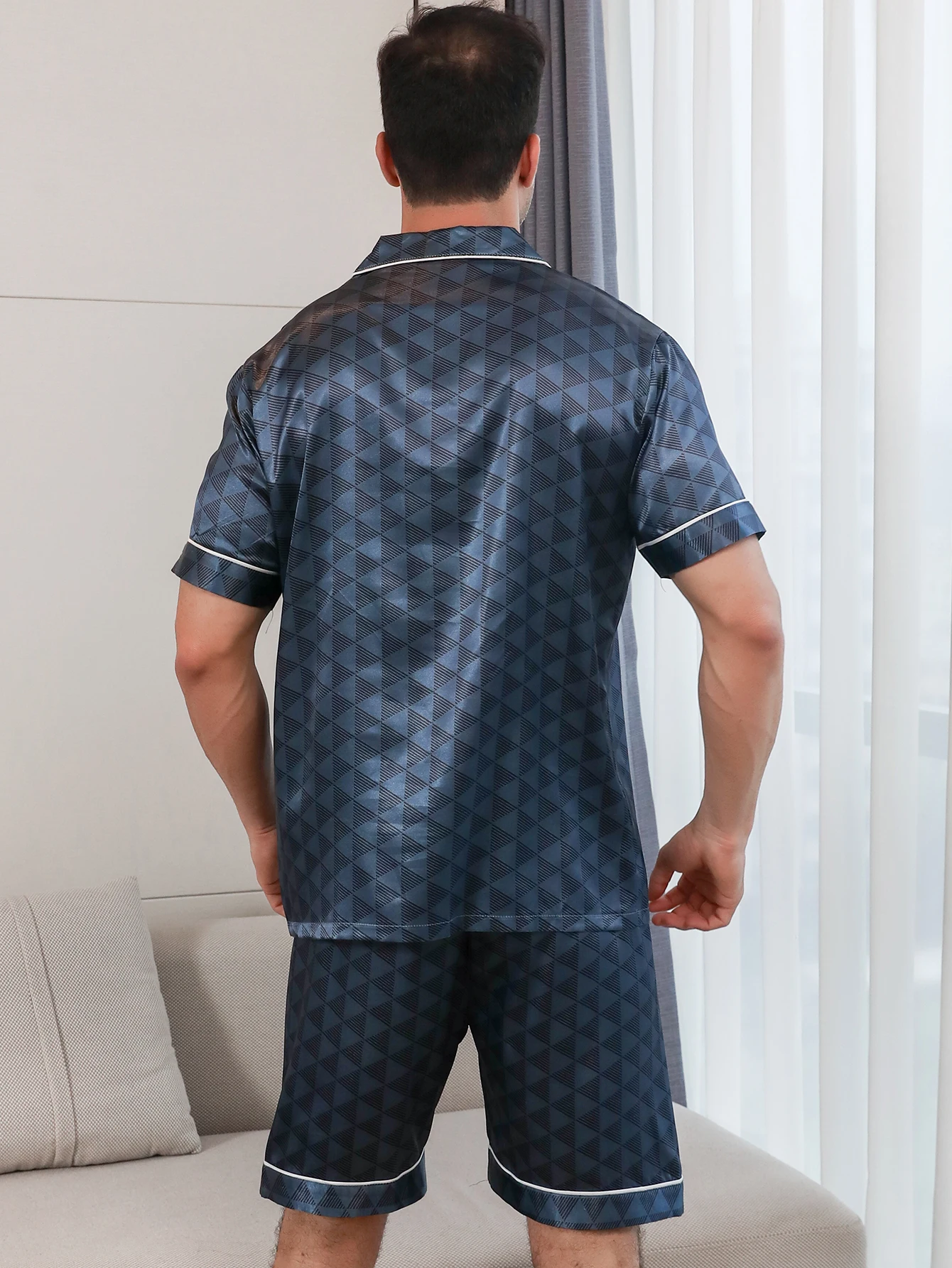 Two piece sets men's sleepwear summer short sleeved shorts triangle pattern printed home clothes sleepwear set pajamas set,man pajamas set