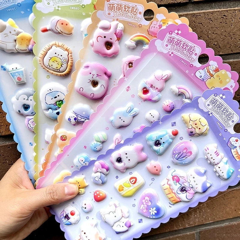 Thick Puffy Stickers Kawaii Japanese Soft Stickers for Kids 3D Squishes with Gem Reusable Puff DIY Phone Case