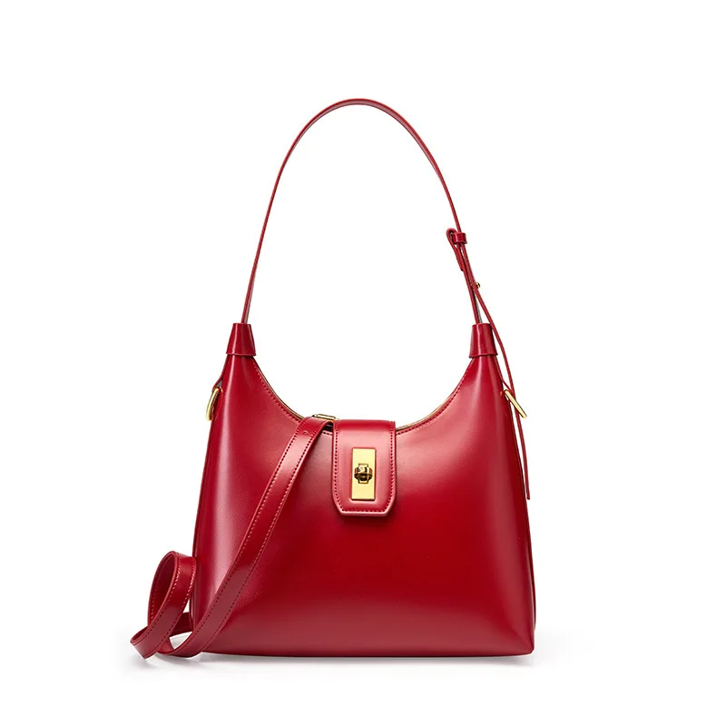 

Wine Red Shoulder Hobo Bag for Women with Genuine Cow Leather Luxury Designer Ladies Handbags Purse