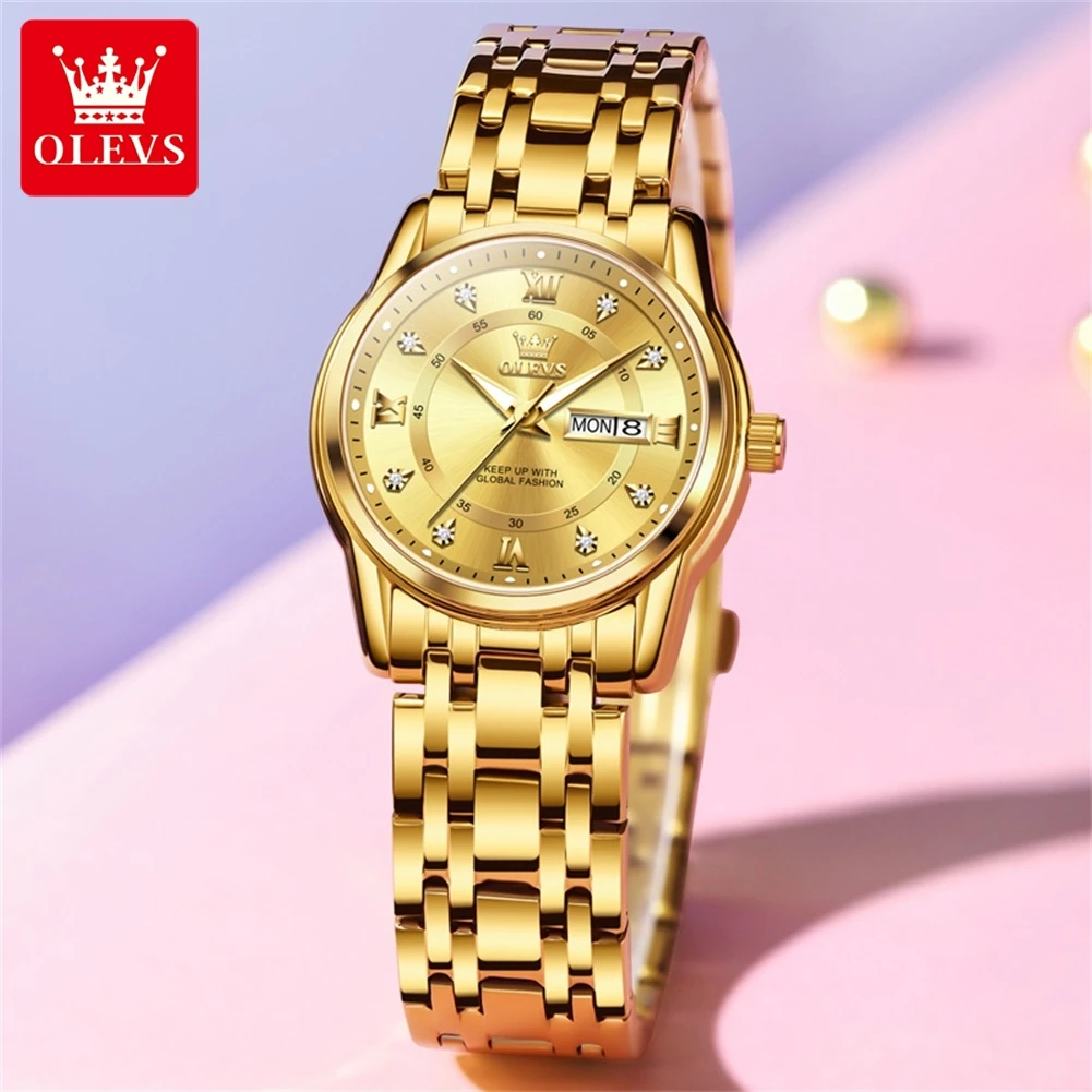 OLEVS Brand New Fashion Gold Quartz Watches Women Luxury Stainless Steel Waterproof Luminous Women Dress Watch Relogio Feminino