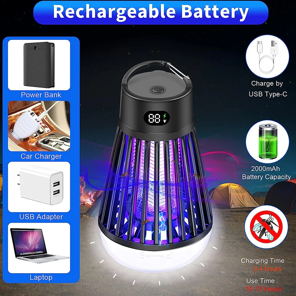 GREAT WORKING TOOLS Portable Bug Zapper Mosquito Killer Lamp Camping Bug  Zapper Outdoor Indoor Insect Killer LED Light Bulb Battery Powered USB