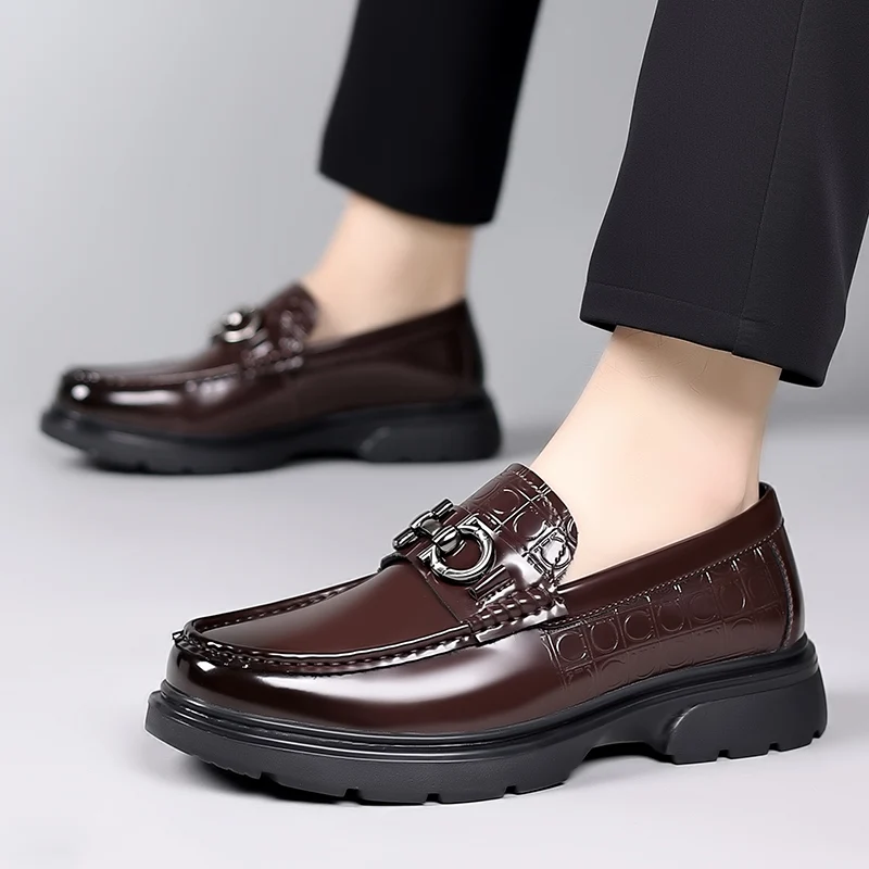 

High Quality Men's Business British Style Casual Thick Soled Leather Shoes, Fashionable Printed Brand High-end Trendy Lefu Shoes