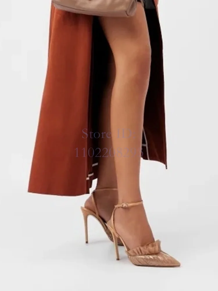 

Elegant Brown Pleated Mesh Stiletto Sandals Silk Pointed Toe Ankle Buckle Straps Thin High Heel Pumps 2024 Women Dress Shoes