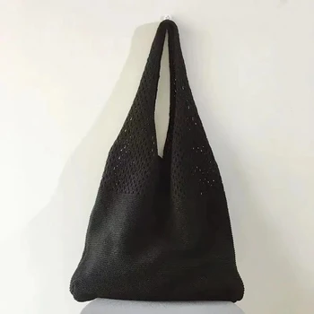 Borsa da donna di nuova tendenza Borsa all'uncinetto Borsa a tracolla retrò lavorata a maglia treccia tinta unita cava nera kaki con manico superiore Shopper 1