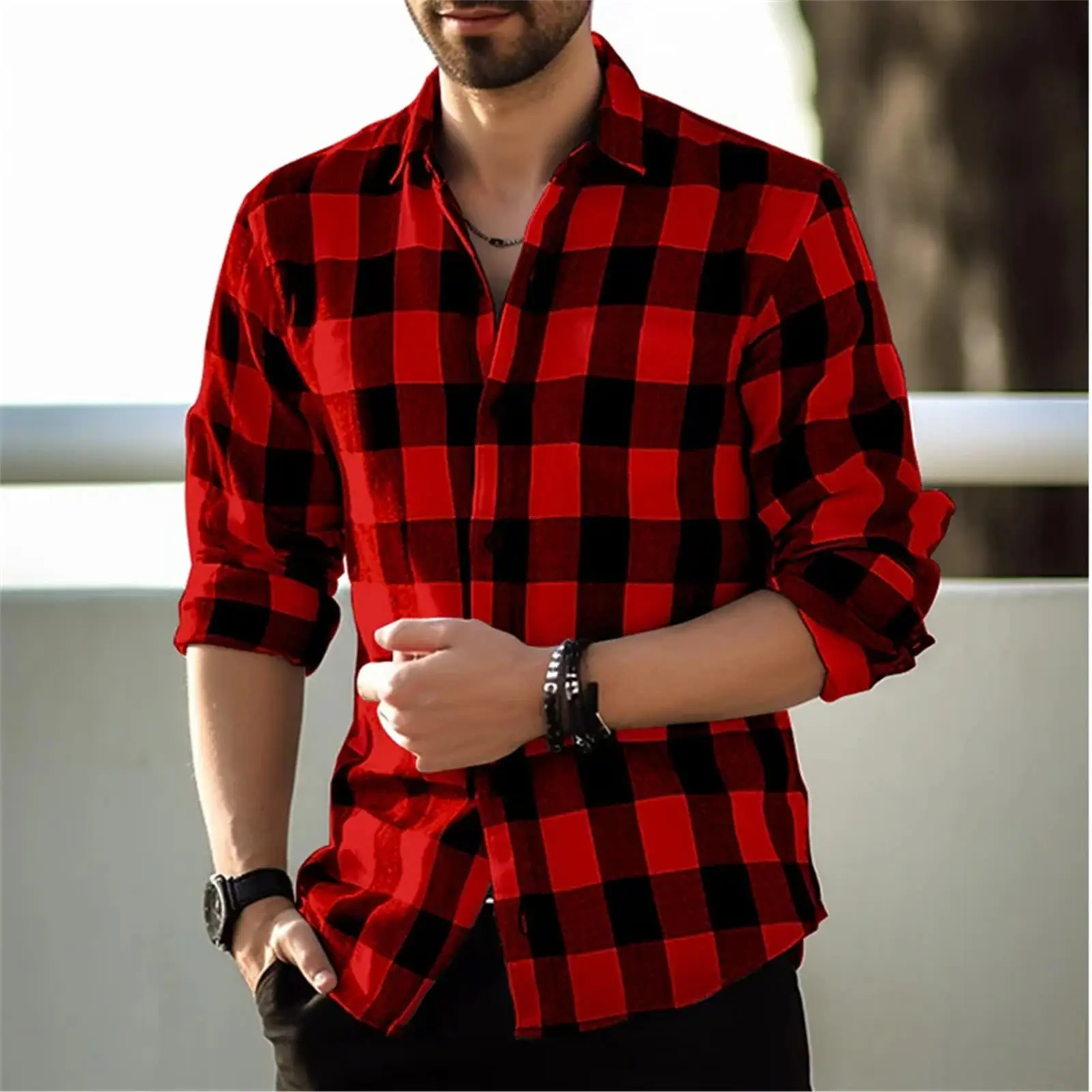 

HX Fashion Mens Shirts Red Classic Plaid Stripes 3D Printed Long Sleeve Shirt Retro Casual Tops Men Clothing Dropshipping