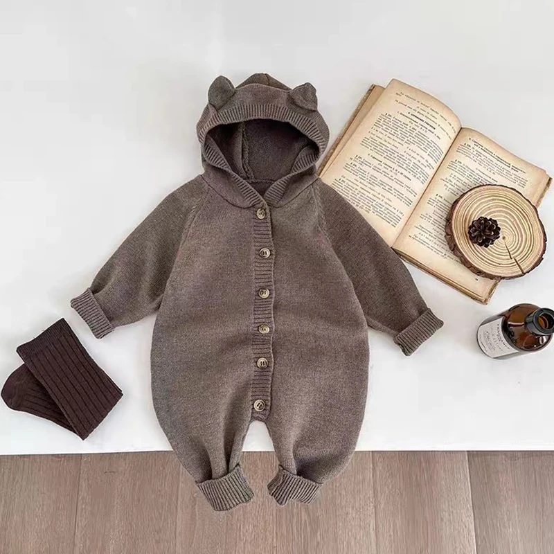 New Autumn Baby Romper Knitted Newborn Girls Jumpsuit Outfit Hooded Toddler Children Clothing Cartoon Bear Ears Knitted Clothing 6