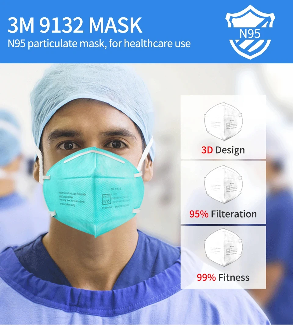 Emballage individuel d'un masque 3M 9132 FFP2 N95, lot de 30 pièces pour usage professionnel.