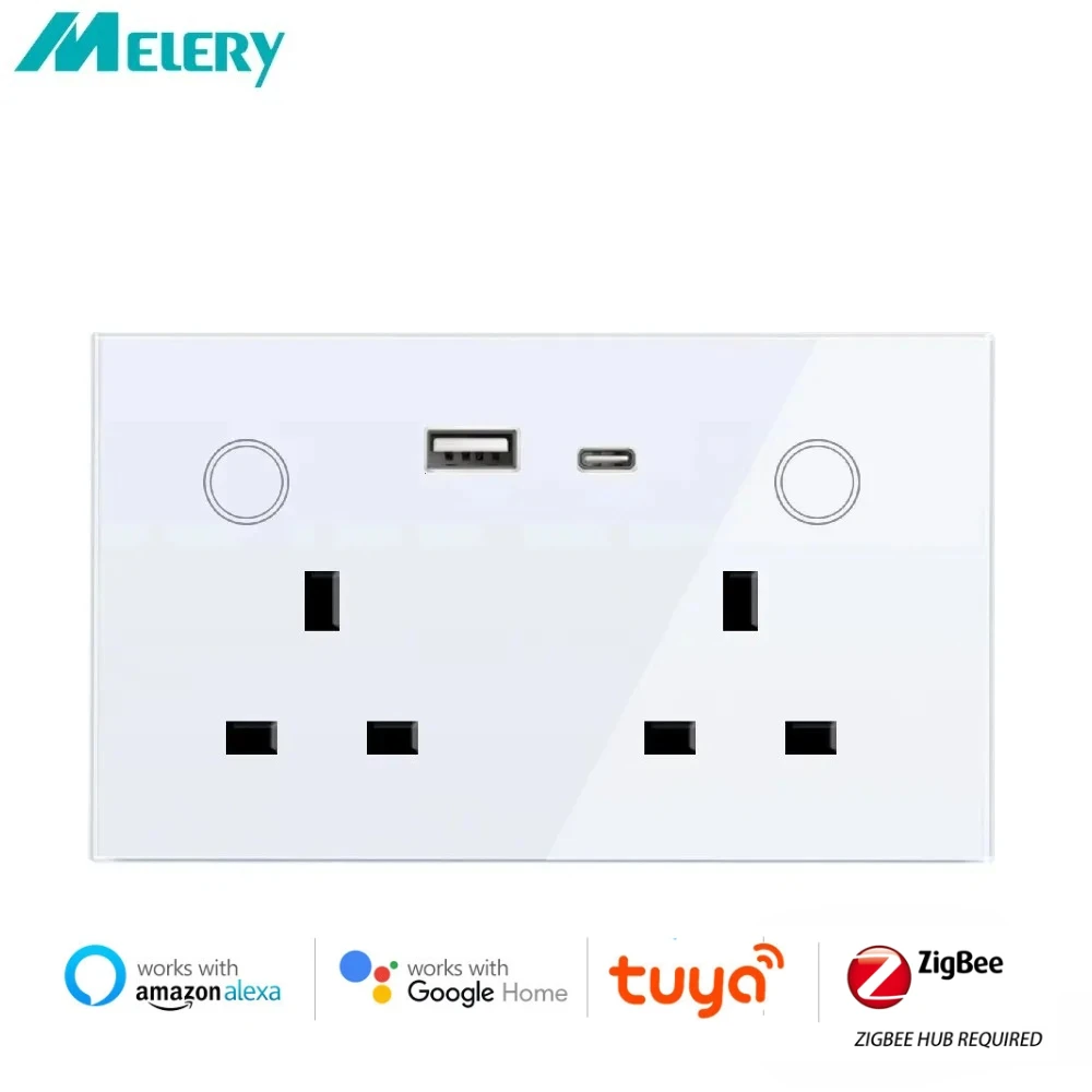 Melery UK Zigbee สมาร์ทซ็อกเก็ต Tuya Power Monitor Outlet สวิทช์สัมผัสปลั๊ก USB Type-c รีโมทคอนโทรลไร้สายโดย Alexa Google Home 1
