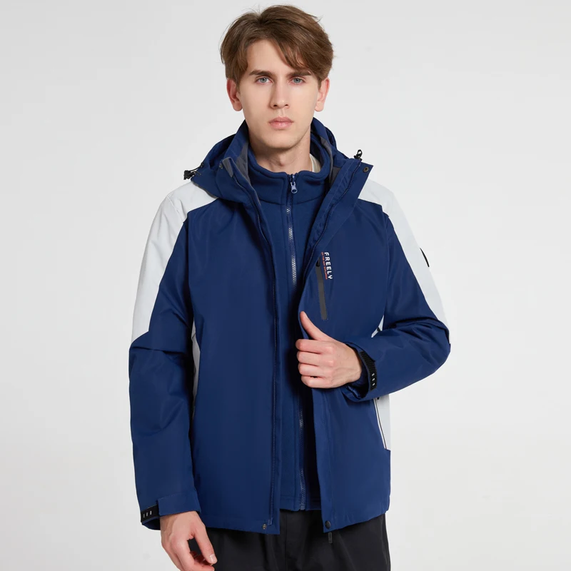 High Street Hooded Outdoor Jacket Men Winter Couple Two-Piece Fleece Detachable Jacket Waterproof Windproof Casual Fashion Coat