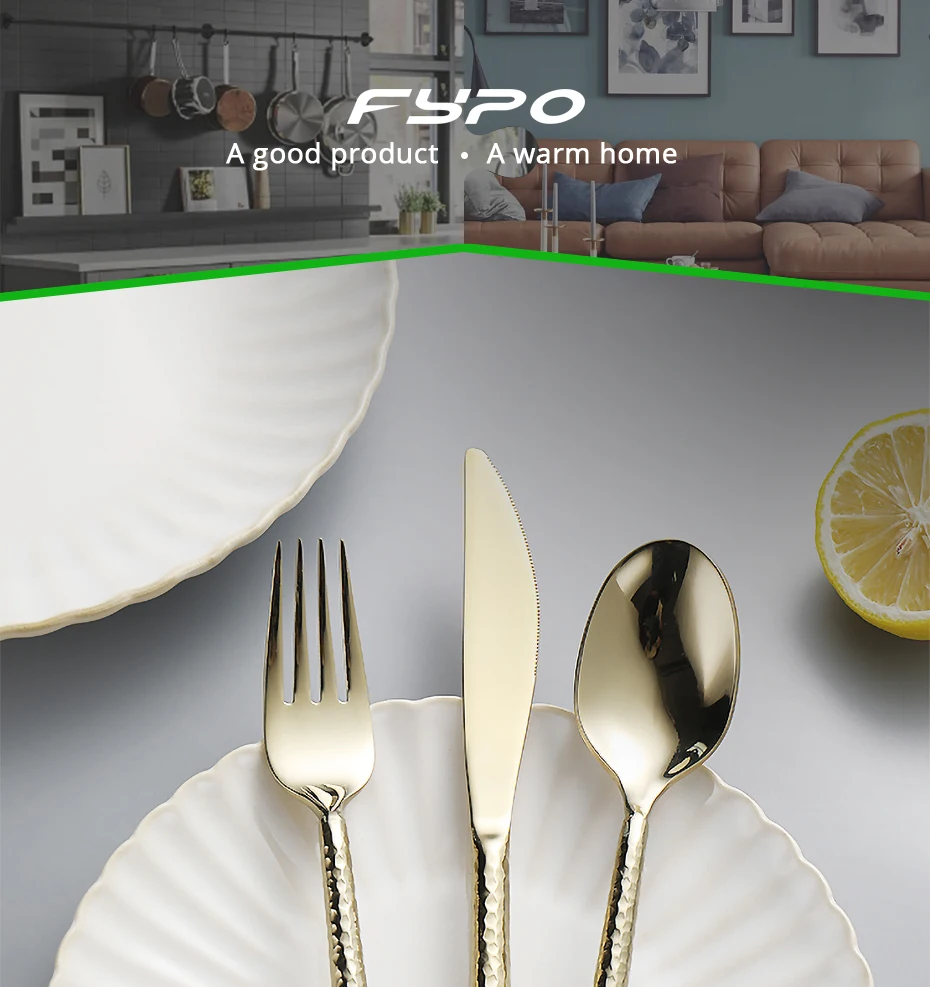 Description Picture 3 of itemKitchen Tableware Cutlery Set Silver Hammered Stainless Steel Luxury Dinnerware Fork Spoon Knife Western Dinner Set Gold
