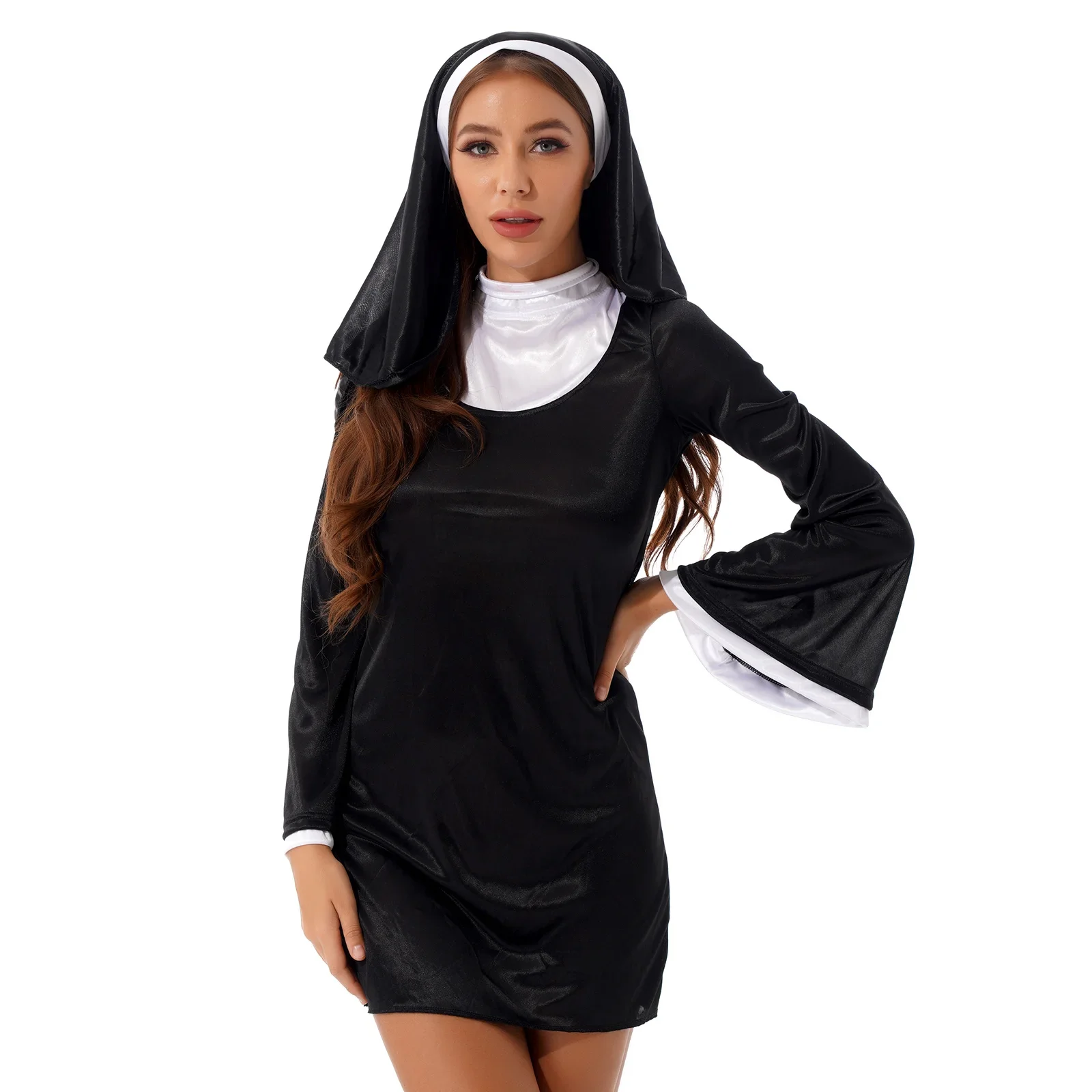 

Женское сексуальное нижнее белье, костюм монахини для ролевых игр, костюмы для Хэллоуина, сценический наряд, платье с высоким воротником и Расклешенным рукавом и головной платок