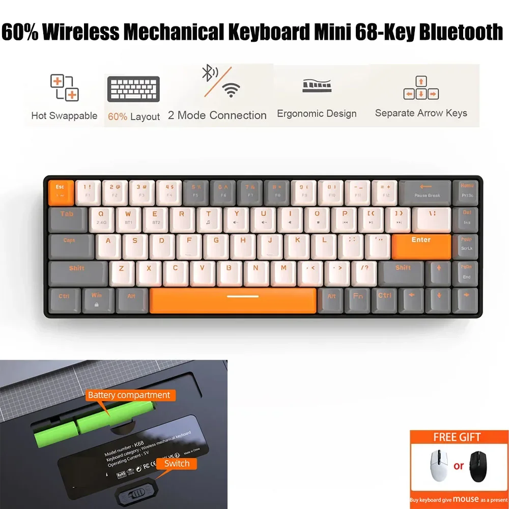 

K68 2.4G Bluetooth Mechanical Keyboard BT5.0 Wireless Gaming Keyboard for Computer PC Laptop Hot swap Keyboard 68 key layout