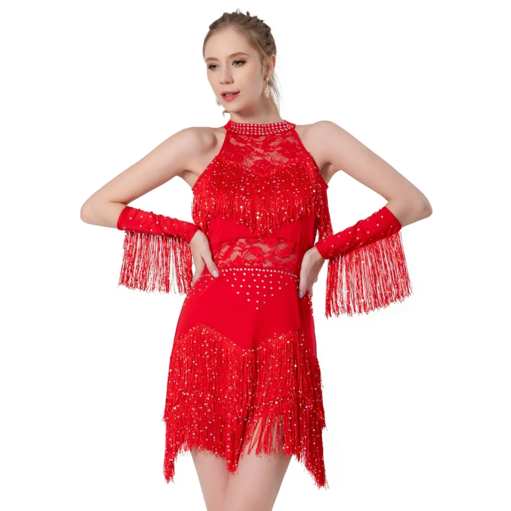 ElegantSequinBeadedTasselLatinDressWithSleevesForWomenSexy