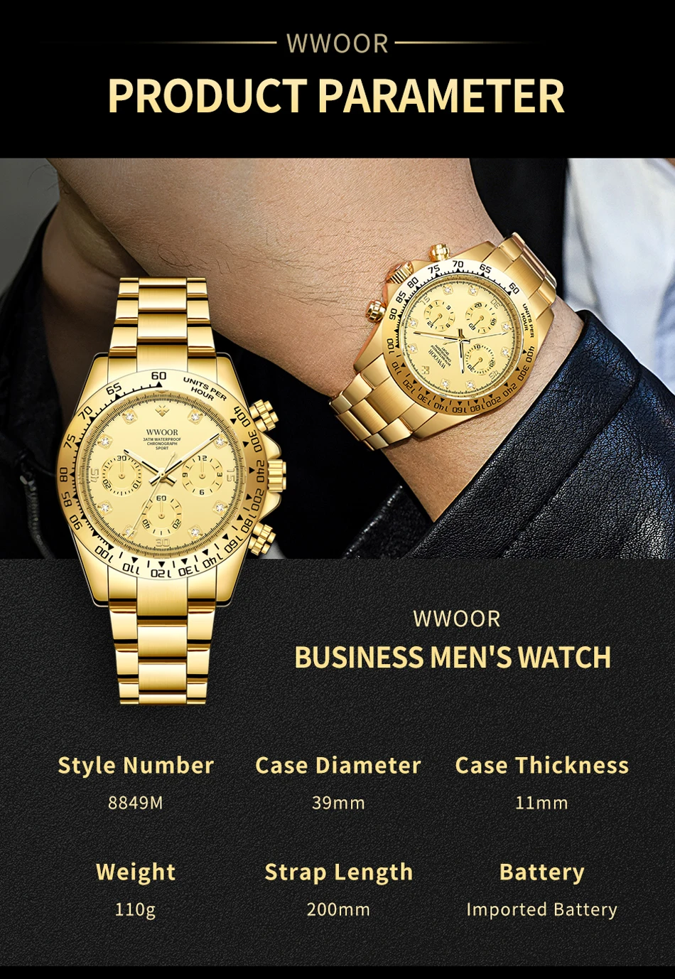 WWOOR New Mens Watches Top Brand Luxury Quartz Wrist Watch Sports Waterproof Chronograph Full Steel Watch Male Relogio Masculino