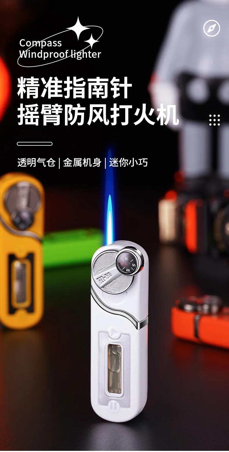 Description Picture 2 of itemOutdoor Windproof Inflatable Compass Lighter Blue Flame Mini Portable Rocker Ignition Visible Gas Chamber Cute Lighter