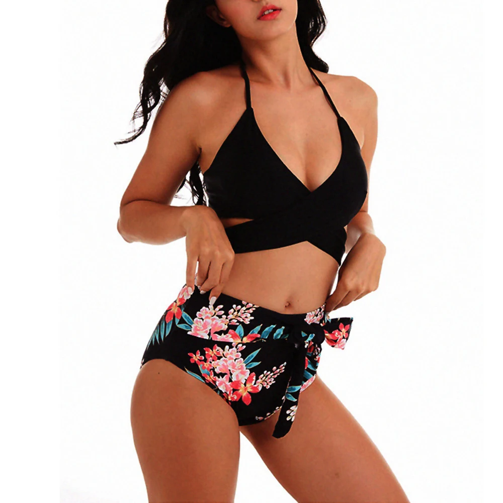 

Fashion Women Swimsuit Flora Print High Waist Solid Black Push Up Bikini Sets 2021 Swimwear Female Bathing Suit Flower 2 Pieces