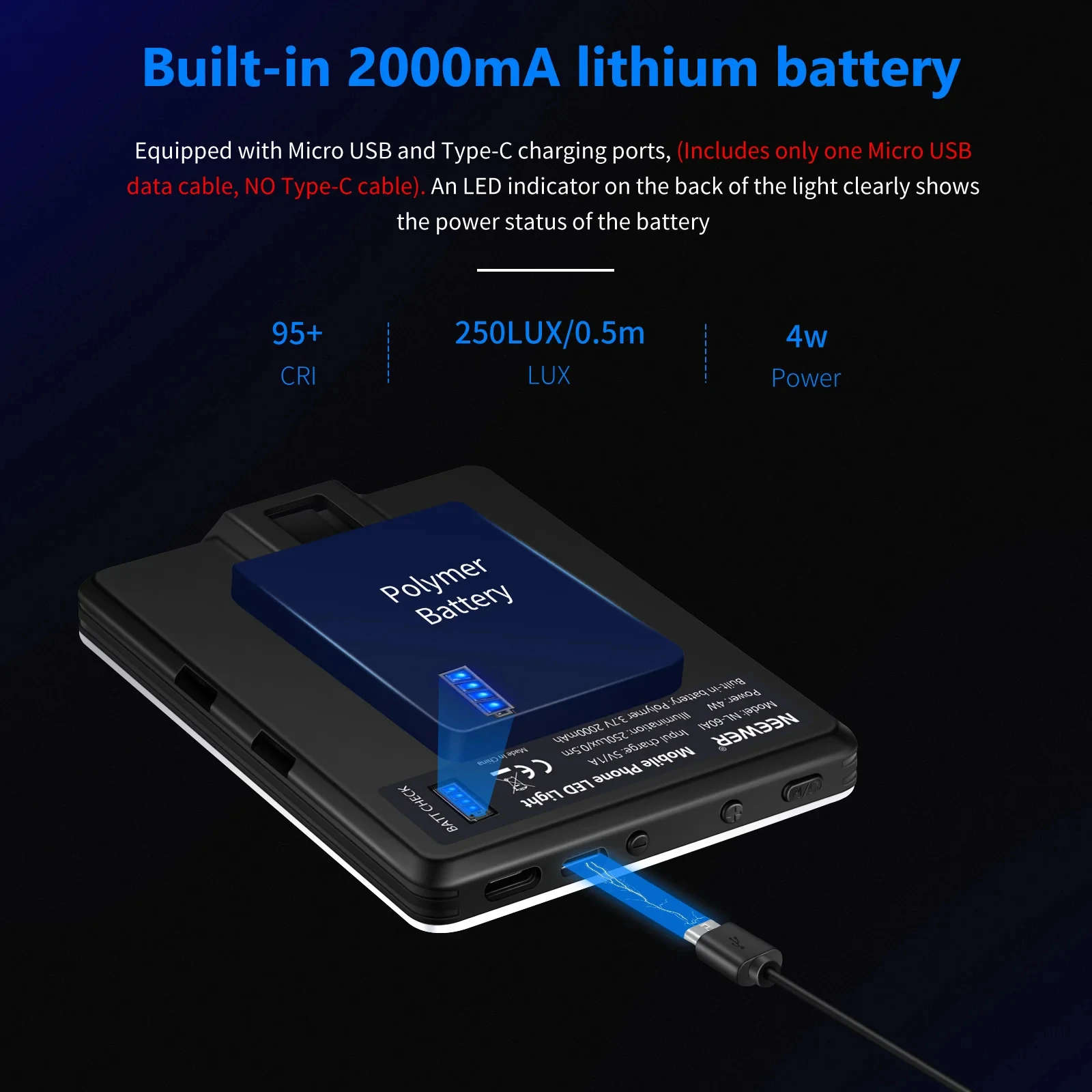 NEEWER NL-60AI LED 화상 회의 조명, 삼성 아이폰용 전면 및 후면 전화 클립 포함, 이중 색상 셀카 조명, 60LED, 2000mah