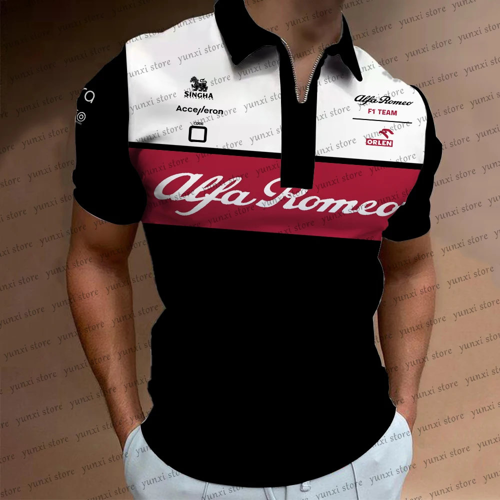Mens New Zipper Shirt Short Sleeve Fashion Gym Sports Polo Shirt F1 Formula One Racing Alfa Romeo Team Extreme Sports Followers
