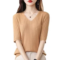 2025 New Spring Summer New Women's V-neck Short-Sleeved Exquisite Cashmere Knitted Sweater Pullover Solid Color - Image 5