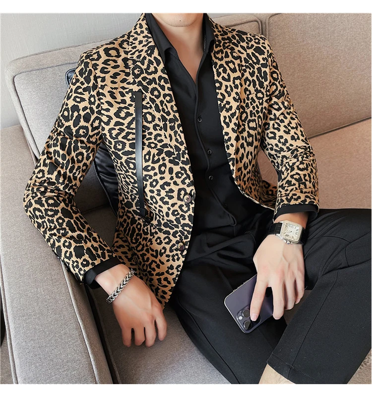 Leopard Print Men's Slim Fit Suit Jacket, Single Breasted Two