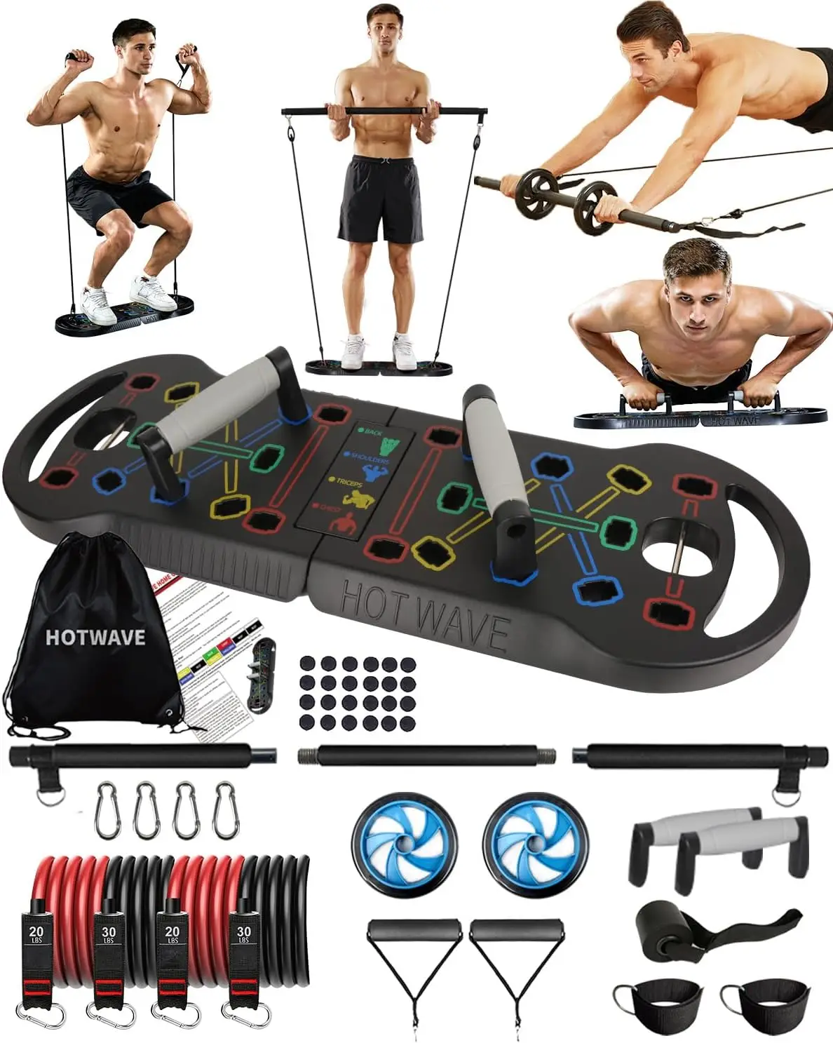 

HOTWAVE Portable Exercise Equipment with 16 Gym Accessories.20 in 1 Push Up Board Fitness,Resistance Bands with Ab Roller Wheel,