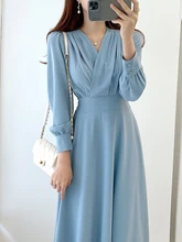  Harajuku V-neck Puff Sleeve A-line Maxi Dresses for Woman Women Solid Color Midi Robe Korean Office Dresses Elegant Spring 2022 